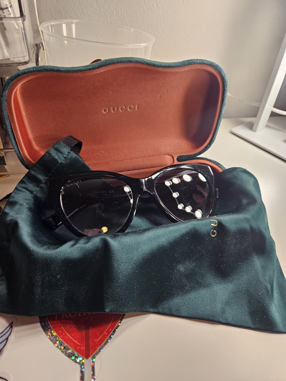 Gucci Black Cat-Eye Sunglasses with Teal Velvet Pouch and Brown Case